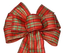 Red Green Woven Plaid Wreath Bow Christmas, Holiday, Wired, Several Sizes