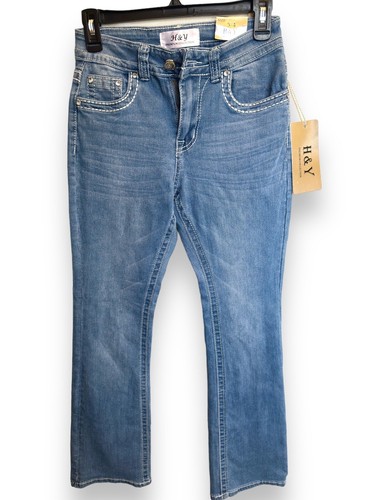 Womens Rhinestone Studded Flare High Waist Bootcut Denim Jeans 3/4 - Picture 10 of 11