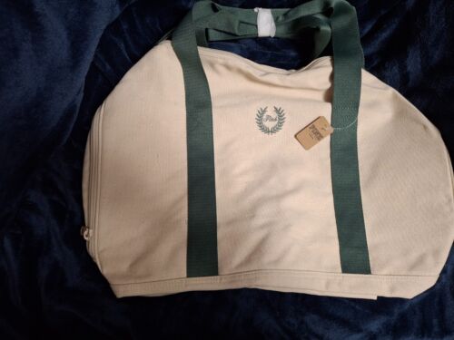 Victoria's Secret Sport Gym Duffle CANVAS DUFFLE BAG Beige/Green ZIP NWT