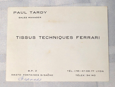 TISSUS TECHNIQUES FERRARI BUSINESS CARD PAPER SALES MANAGER PAUL TARDY VINTAGE