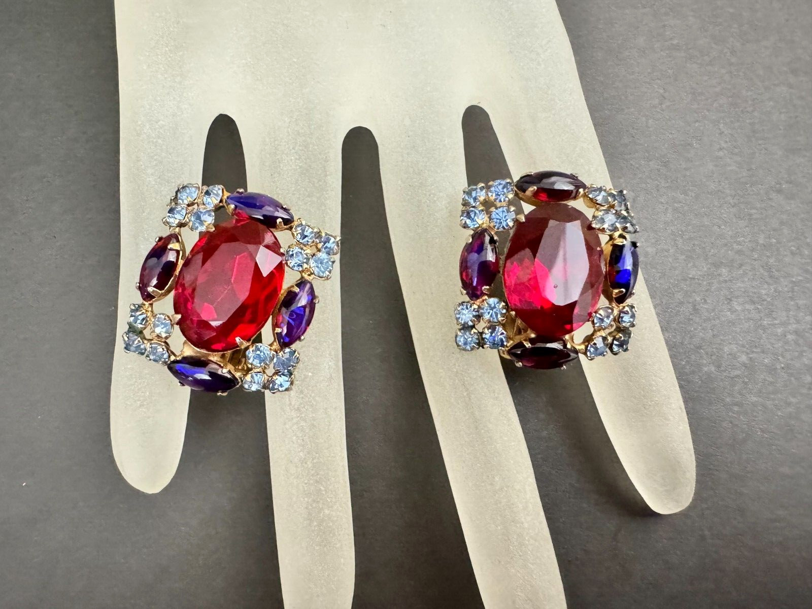 VTG Unsigned Hobe Ruby Red Blue Navette Cabochon … - image 1