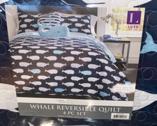 NewTWIN Quilt Set WHALE reversible Navy Blue/Aqua Nautical Coastal 4 Pc Bedding
