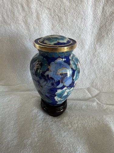Vtg Hand Painted Blue Chinese Cloisonné Ginger jar/vase Flowers Design Enamel - Picture 8 of 12
