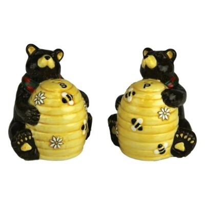 Bear and Bees Salt Pepper Shakers Spice Dispenser Ceramic Yellow Brown 5-in NEW