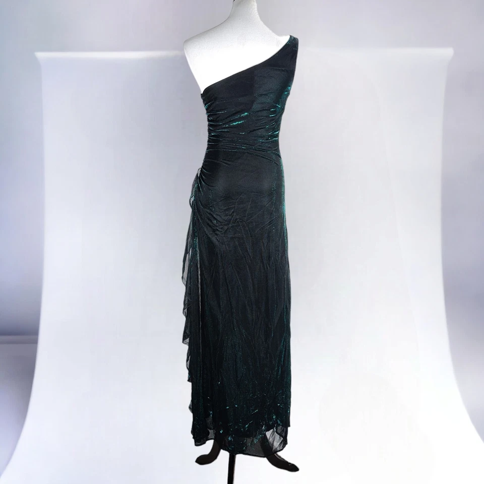 Vestido Formal Vintage Años 90 Un Hombro Talla 8 Metálico Esmeralda Cortina Lateral Acanalada Foto 3 de 4