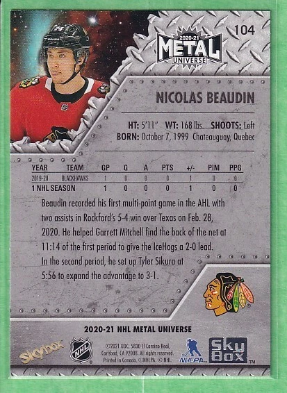 2020-21 Skybox Metal Universe Blue Spectrum Rookies #104 Nicolas Beaudin - Image 2 of 2