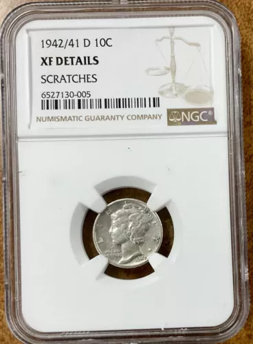 1942/41-D Mercury Silver Dime NGC XF details , Key Over Date
