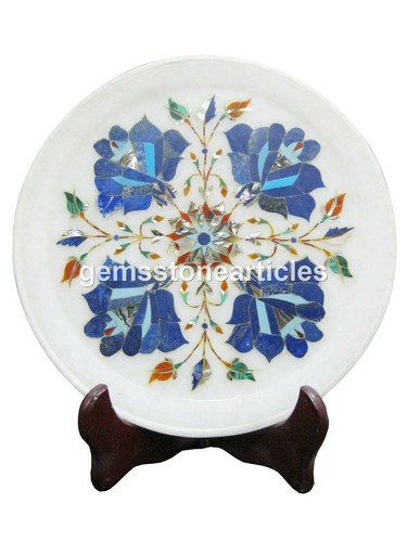 7" White Marble Plate Floral Lapis Lazuli Semi Precious Christmas Decor
