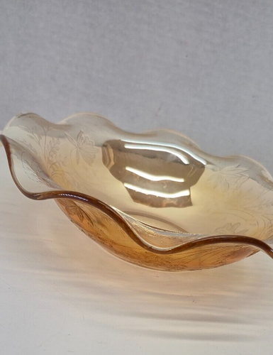 Vintage Jeanette Glass Iris Bowl Ruffled Edge Marigold Etched Carnival Dish 9.5" - Picture 10 of 21