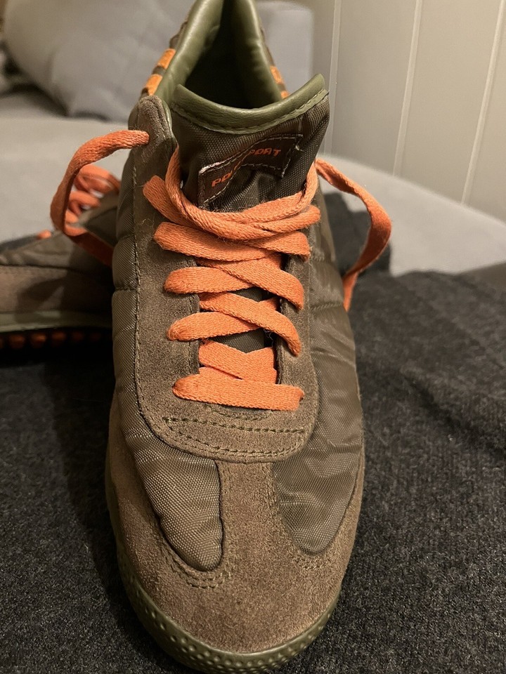 Ralph Lauren Polo Sport Suede Nylon Olive Green Orange Sneaker Women’s