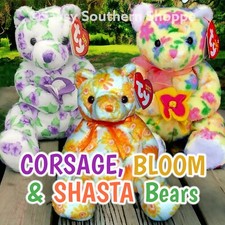 ❤️ CORSAGE, BLOOM & SHASTA ❤️ 2003 Ty Beanie Babies 3-Pc Floral BEAR Set *MWMT*