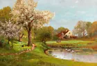 Spring landscape of duck pond Oil painting Giclee Art HD Printed on canvas L3412