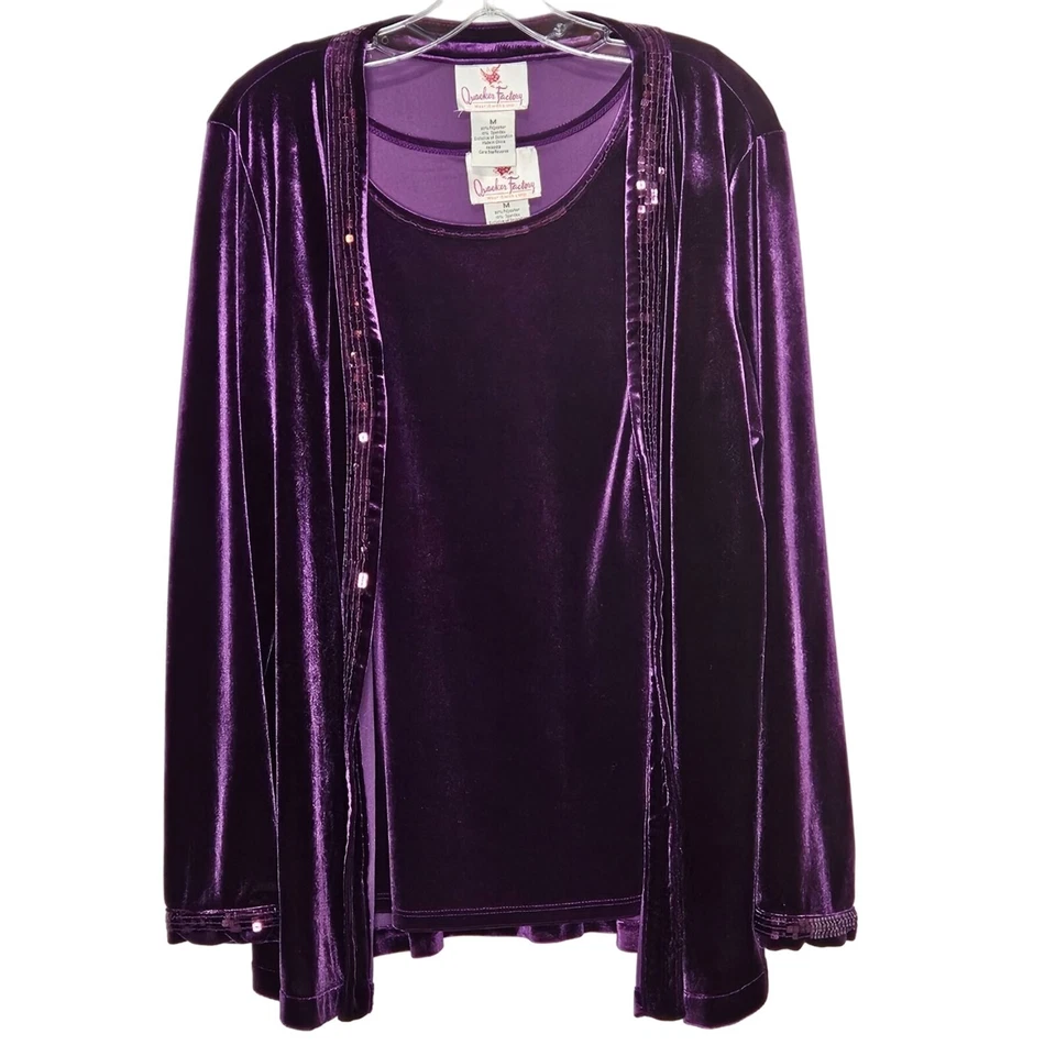 Quacker Factory 2Pc Cardigan Tank Womens Medium Sequins Purple Velour Set - Image 3 of 4