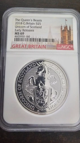 Queens Beasts UNICORN of Scotland 2018 Silver 2oz .999 coin NGC MS 69 FDOI