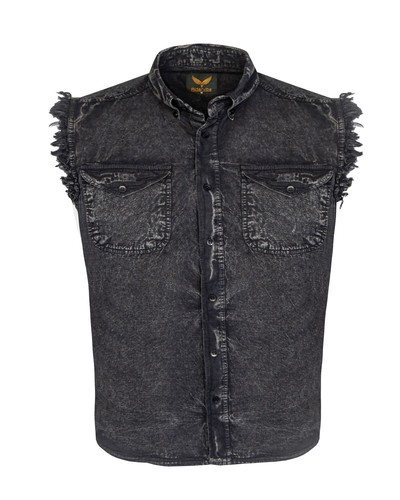 Camicia uomo nera cotone stonewash senza maniche taglio denim maniche sfilacciate nuova  - Foto 1 di 7