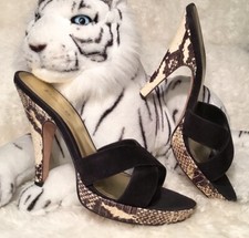 BEBE Platform Sandals-Slide Heels-Black Suede Snake Print Leather-US Sz 8-VTG