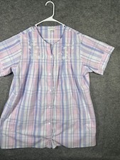 Miss Elaine Large Floral Cotton Blend Snap Front Robe Pastel Colors Seersucker