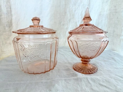Vintage Pink Depression Mayfair cookie jar candy jar x2