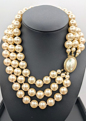 Vintage CAROLEE Necklace Glass Pearl 3 Strand Champagne 16in