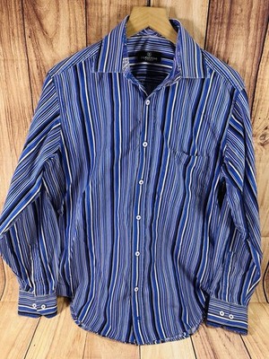 Bugatchi Uomo Shirt Mens MED Blue Striped Button Down Long Sleeve Cotton Medium