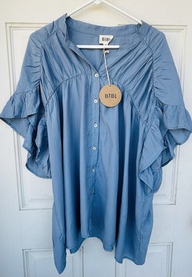 Bibi Wrinkle In Time Women XL Pleated/Shirred Ruffle Sleeve Blouse Top Boho