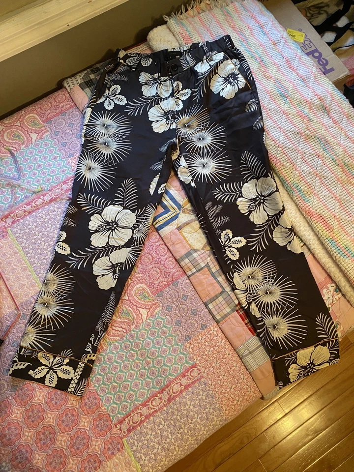 Pantalón J Crew Mujer Talla 0 Negro Blanco Dorado Floral Seda Pierna Recta Resort Playa Foto 3 de 4
