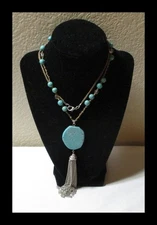 Handcrafted Jute & Faux Tuquoise Beaded Necklace 29" N061