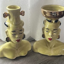 2 Vintage 1950’s Nubian African Man and Woman Pottery Head Vases 6” Figurines