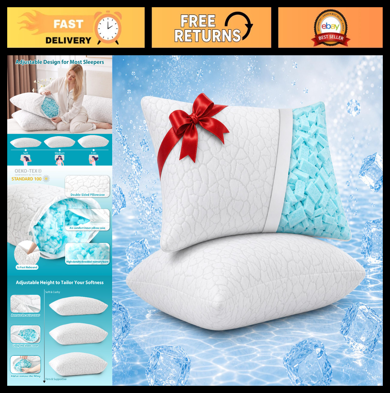 Cooling Queen Size Pillows Set of 2, Firm Memory Foam Bed Cushions for Sleep