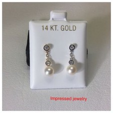 14K Yellow/White Gold Fresh Water Pearl Hanging drop Screw Back Stud Earrings