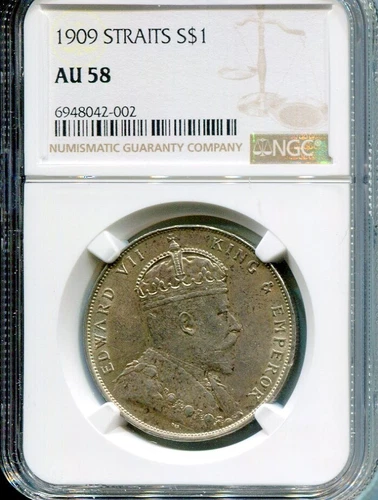 STRAITS 1909 DOLLAR NGC AU58