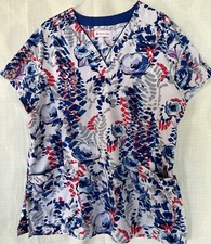 White Cross Scrub Top size Large VIBRANT Blues FLORAL 3 Pocket Spandex Poly