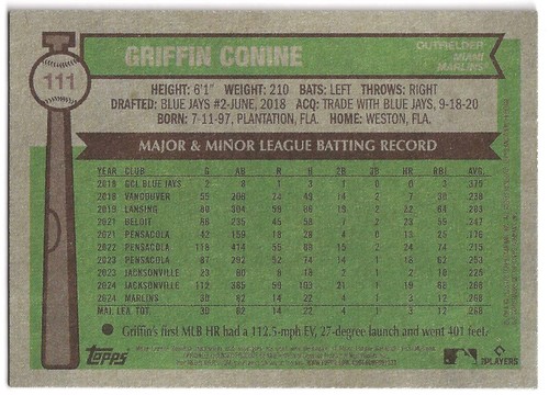 2025 Topps Heritage BLACK Border #111 Griffin Conine RC Miami Marlins PR: /50 - Photo 2/2