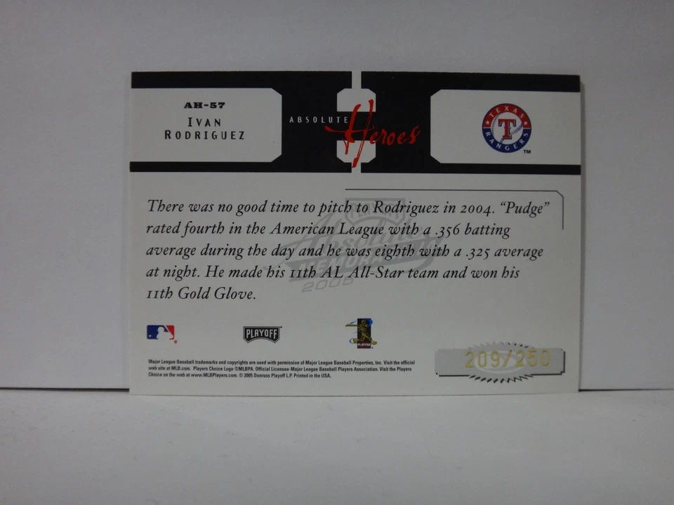2005 Absolute Memorabilia Heroes #AH-57 Ivan Rodriguez #154/250 - Image 2 of 2