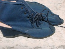 VTG Canvas Wedge Shoe Peep Toe Lace-up Ankle NOS Unworn 8.5 Navy Blue Cloth VGC