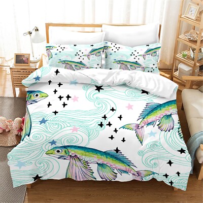 3D Flying Fish Star White Quilt Cover Set Duvet Cover Bedding Pillowcases