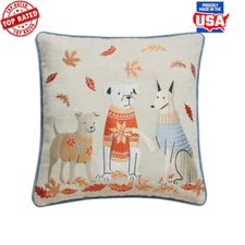 Cozy Chenille Decorative Pillow Dogs Leaves Fall Accent Indoor 18x18 In New