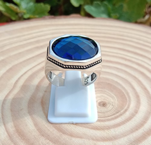 Turkish Blue Zircon Handmade Ottoman 925 Sterling Silver Jewelry Mens Ring 8.5