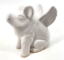 Ceramic standing winged Pig gloss finish white figurines small flying 6"