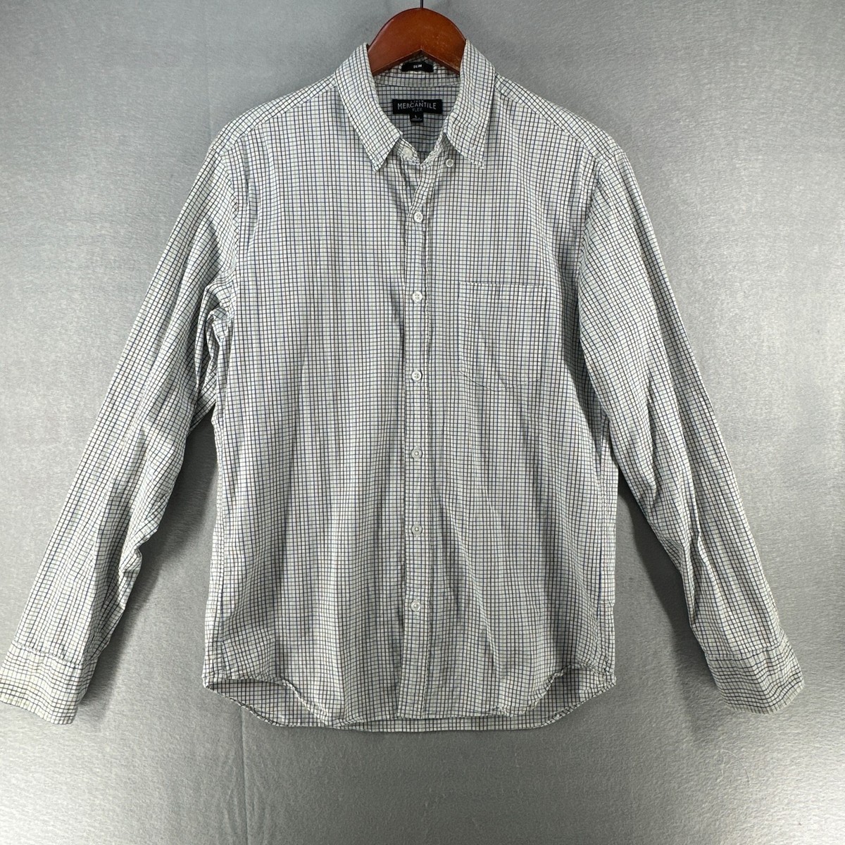 Mercantile Mens Check Button Down shirt Large White Slim Fit Flex  Office