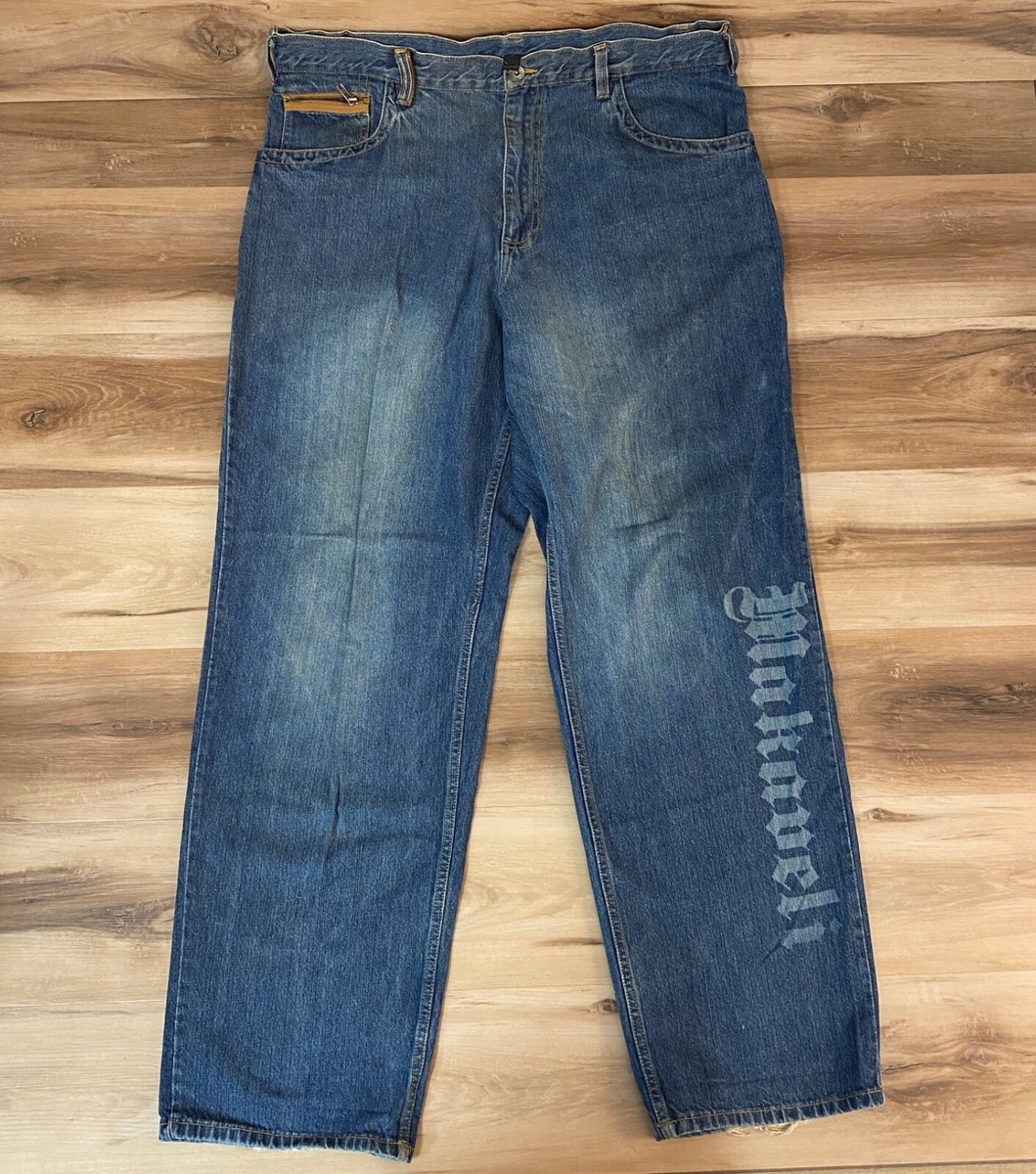 Makaveli Jeans Mens 40 x 34 Baggy Y2K Medium Wash Blue Denim Zip