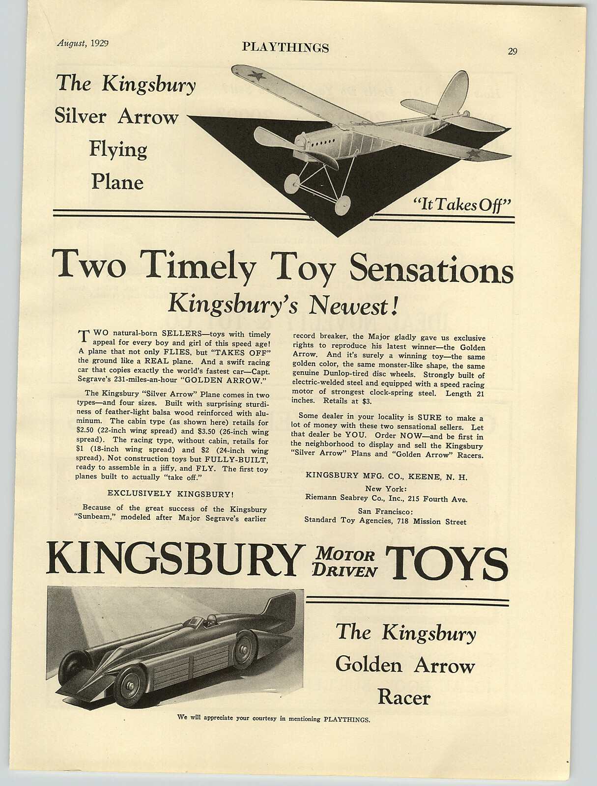 1929 PAPER AD Kingsbury Toys Silver Arrow Airplane Golden Racer Car