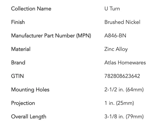 Atlas Homewares A846-BN U-Turn Cabinet Pull Handle 3-1/8'' In Brushed Nickel - Picture 2 of 2