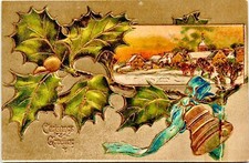 Christmas Greetings Gold Embossed Landscape Big Bell Holly Framed  P.U. N-375