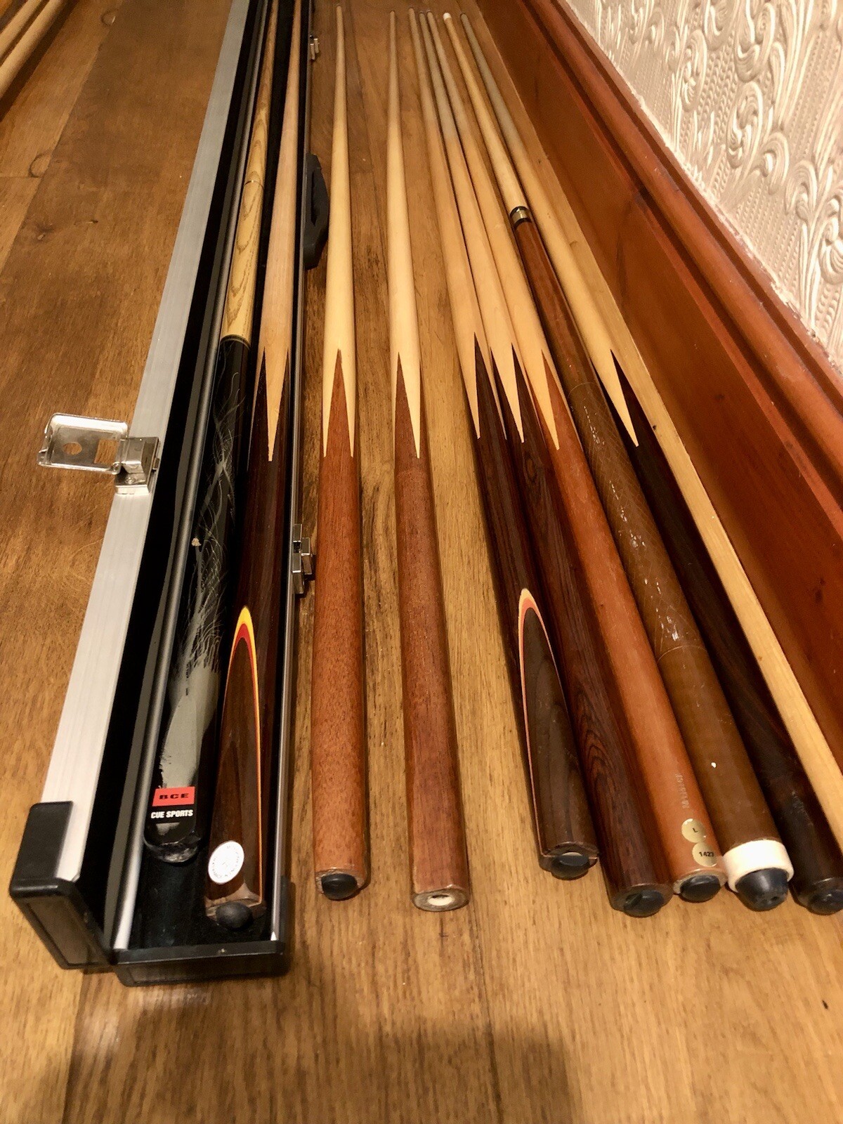 9 Vintage Snooker Cues And Aluminium Long Cue Case, One And Two Piece