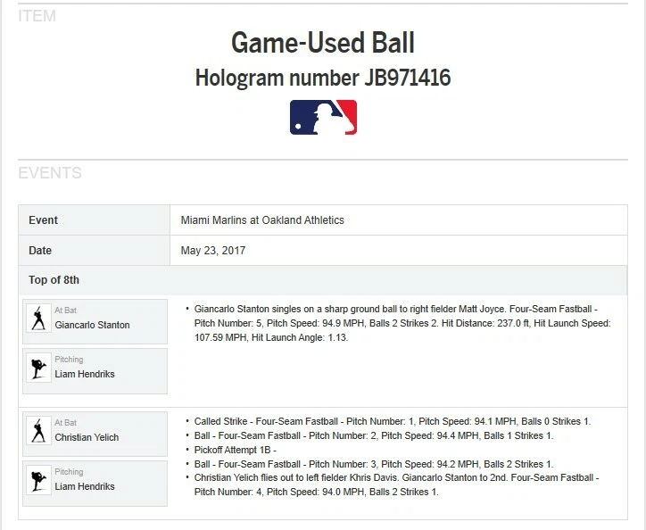 GIANCARLO STANTON 2017 MVP SINGLE CAREER HIT #838 MLB GAME USED BASEBALL MARLINS - Image 2 of 4