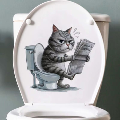 Lustiger Aufkleber Katze auf Klo Kätzchen mit Zeitung Klodeckel Toilette Sticker
