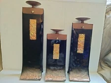 Signed Mark Hines Tiered Glass & Steel Candle Holders 12.5"  15.5"  18.5" 