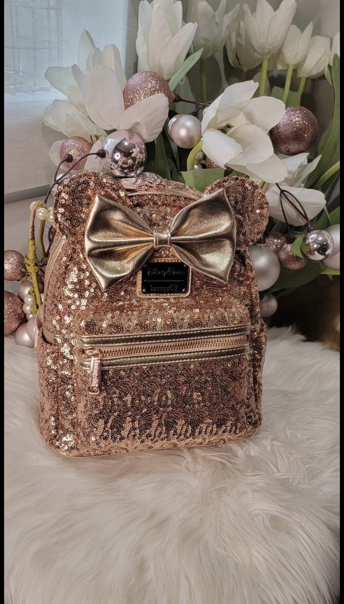 NEW Disney Parks Loungefly Sequined Rose Gold Mini Backpack  display picture 3