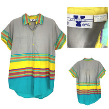 Vtg 1980's Viewpoints x Gottex Sz M Striped Short Sleeve Camp Shirt Beach Cover